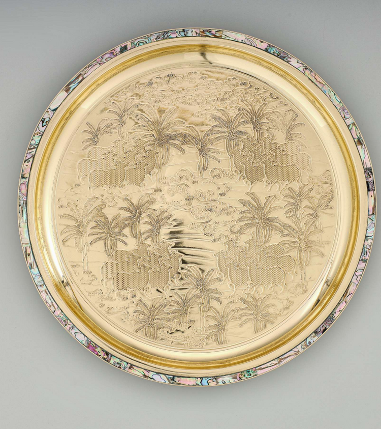 Platter, Pichwai Etched, brass with white mother of pearl 9"