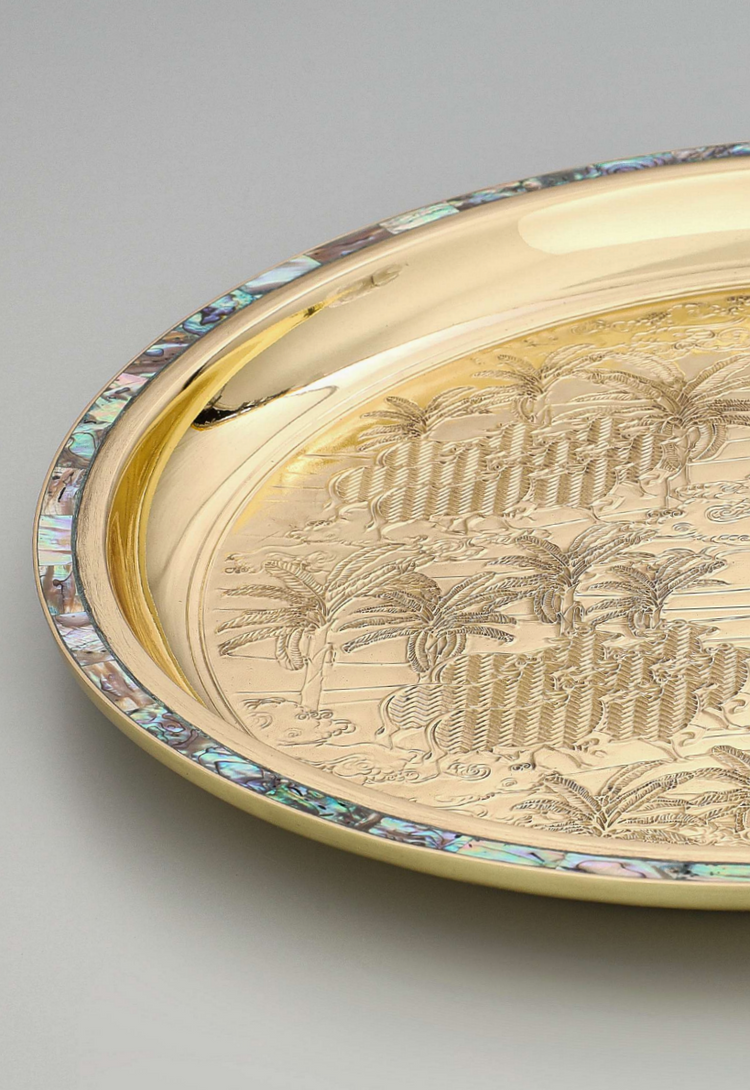 Platter, Pichwai Etched, brass with white mother of pearl 9"