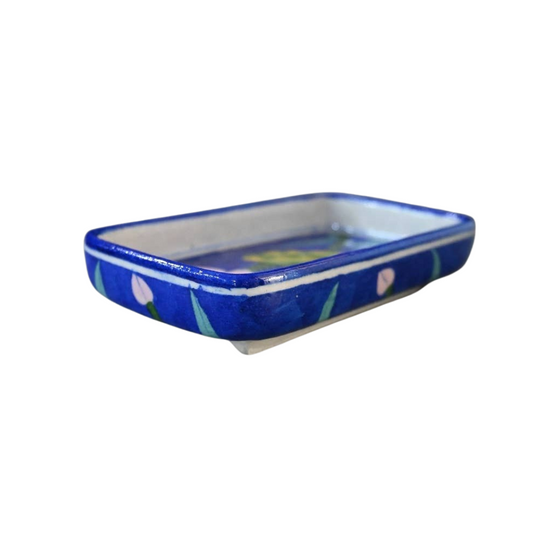 Pottery Soap Dish Rect Lotus Dark Blue