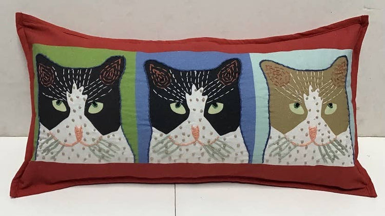 Tom Dick Harry cat pillow, red, 10" x 20"