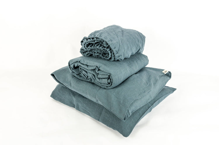 Linen Sheet Set, 4-Pc 1 Fitted sheet,1 Flat sheet 2 pillows, King, Ocean Blue
