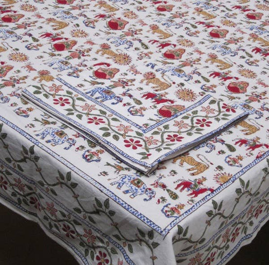 Carnival Summer 60"x90" Block Print Tablecloth | Whimsical Table Linen 