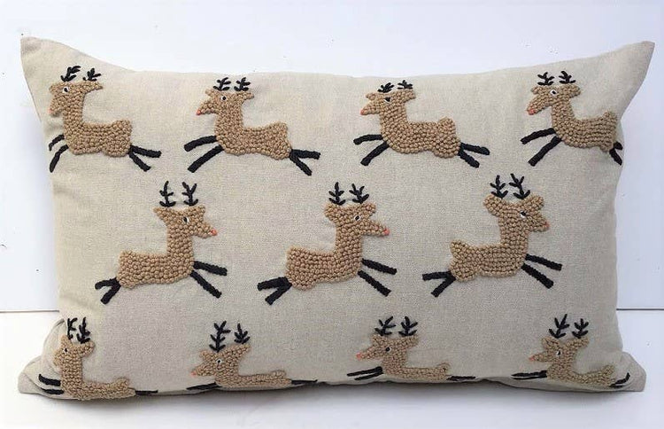 Embroidered applique whimsical pillow, knotty reindeer, 12"x20"