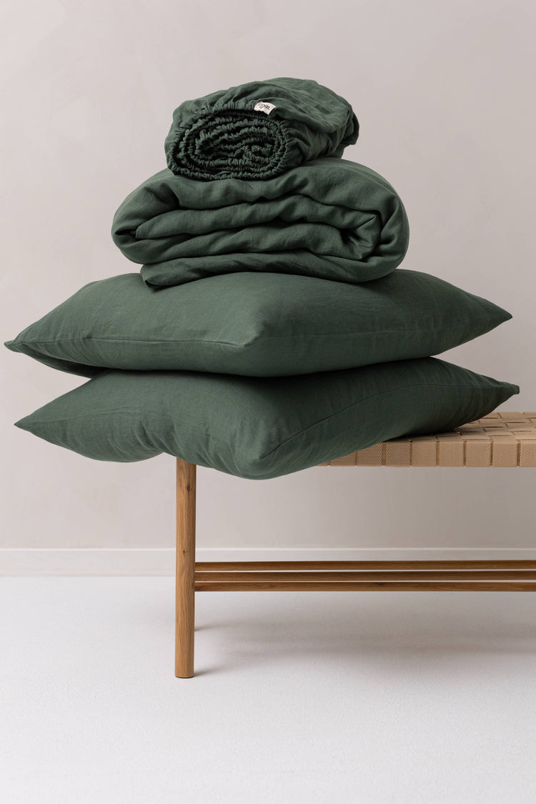 Linen Sheet Set, -Flat sheet,Fitted sheet, 2 pillows King, Forest Green