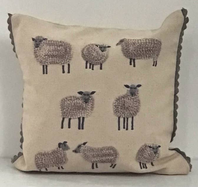 Embroidered applique whimsical pillow, knotty sheep, 16"x16"