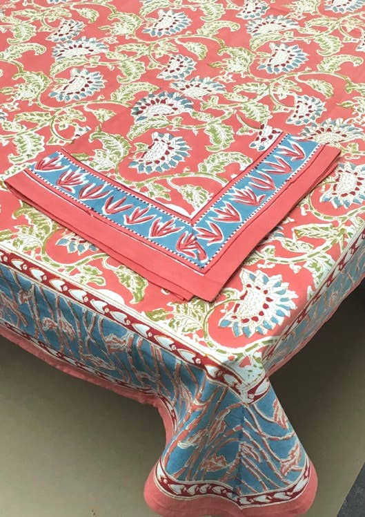 Handblock Printed Tablecloth, Jenny Rose, Round 86"